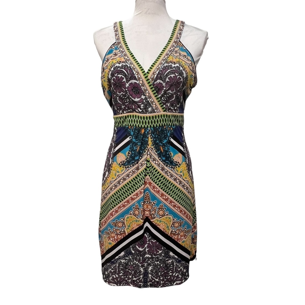 Hale Bob Sleeveless V-neck Crossover Front Empire Waist Bold‎ Mixed Print Dress